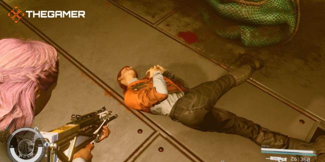 Standing by Rusty's dead body with a gun after shooting him in Starfield