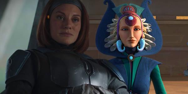 Bo-Katan Kryze sitting on her throne in The Mandalorian season 3, episode 1 and Satine Kryze from Star Wars: The Clone Wars