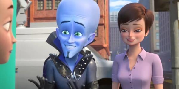 Megamind wearing a black suit with Roxanne Ritchi next to him smiling in Megamind vs. The Doom Syndicate