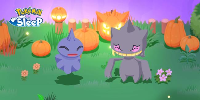 A Shuppet and Banette in a grass field. Behind them are several pumpkins and jack-o-lanterns that look like Gengar an a Pokeball.