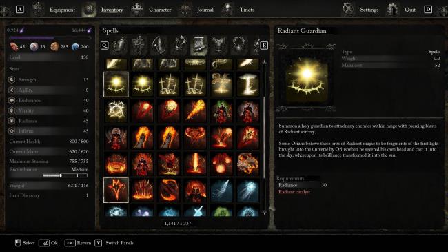 Menu showing all type of spells lords of the fallen