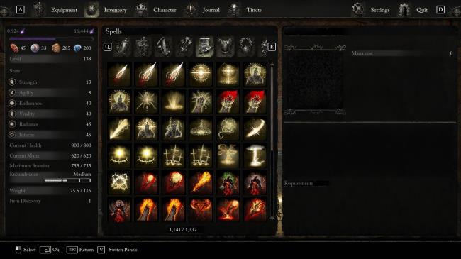 A menu showing a list of spells in Lords of the Fallen