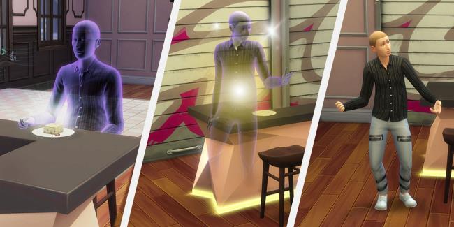 Three pictures are lined up in a sequence. In the first photo, a ghost sim sits as a home bar with a plate of ambrosia. In the second photo, the ghost sim is surrounded by yellow light. In the third photo, the ghost sim has returned to their living form.