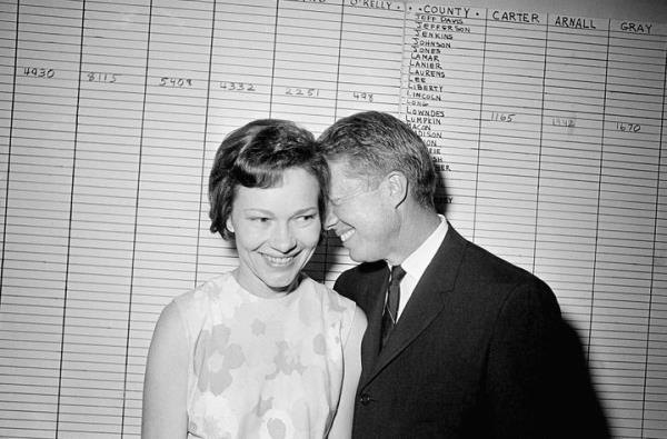 FILE - In this Sept. 15, 1966, file photo, then Georgia State Sen. Jimmy Carter hugs his wife, Rosalynn, at his Atlanta campaign headquarters. Rosalynn Carter turns 96 on Friday, Aug. 18, 2023 and is celebrating at home in Plains, Ga., with her family, including former President Jimmy Carter. Her plan includes eating cupcakes and peanut butter ice cream, then releasing butterflies in her garden -- with friends doing the same around the Carters' hometown. (AP Photo/File)