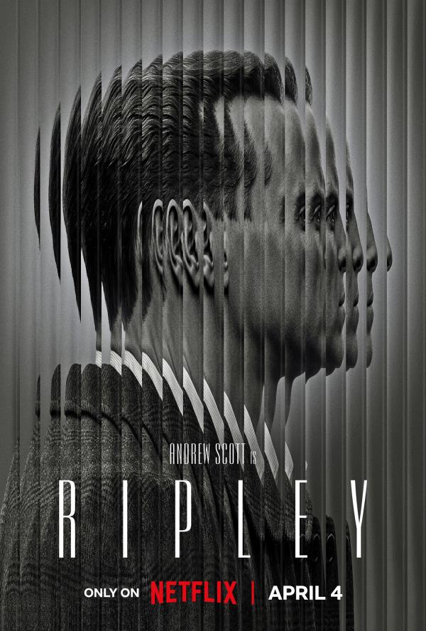 Netflix Ripley TV Show Poster Showing Andrew Scott Behind Layered Glass