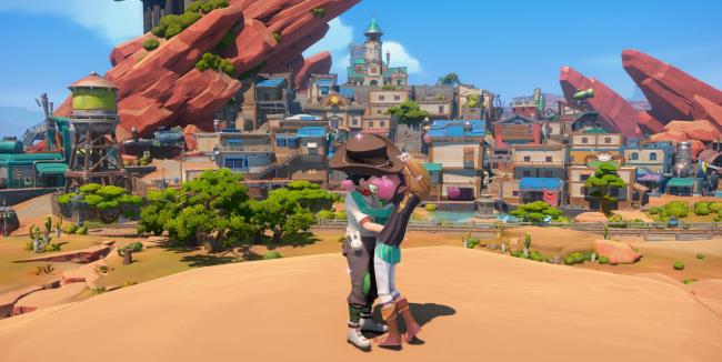 a builder kissing mi-an in front of the town of sandrock my time at sandrock