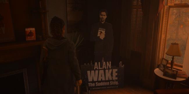 Saga Anderson finds a cardboard cutout of a much younger Alan promoting his book The Sudden Stop in Alan Wake 2