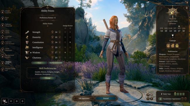 Character Creator Chooses Wood Elf For Cleric And Begins Calculating Ability Scores in Baldur's Gate 3