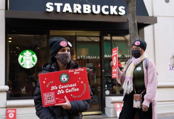 Starbucks employees have staged nation-wide strikes. Credit: SAUL LOEB/AFP via Getty Images